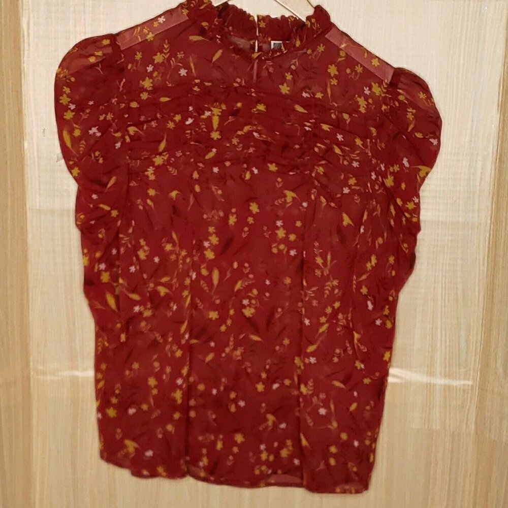 Chelsea28 Womens Red Floral Sheer Blouse Small
